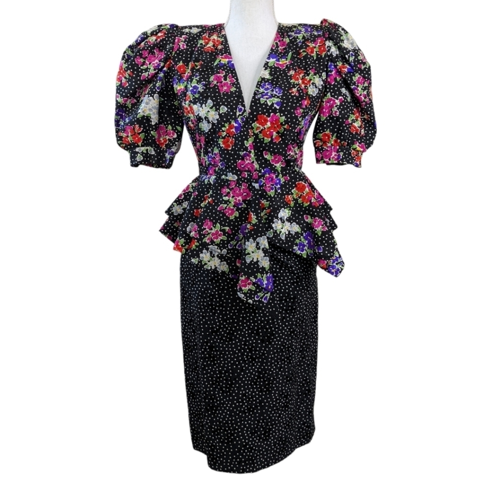 Vintage 80s Floral Puff Sleeve Silk Skirt Set